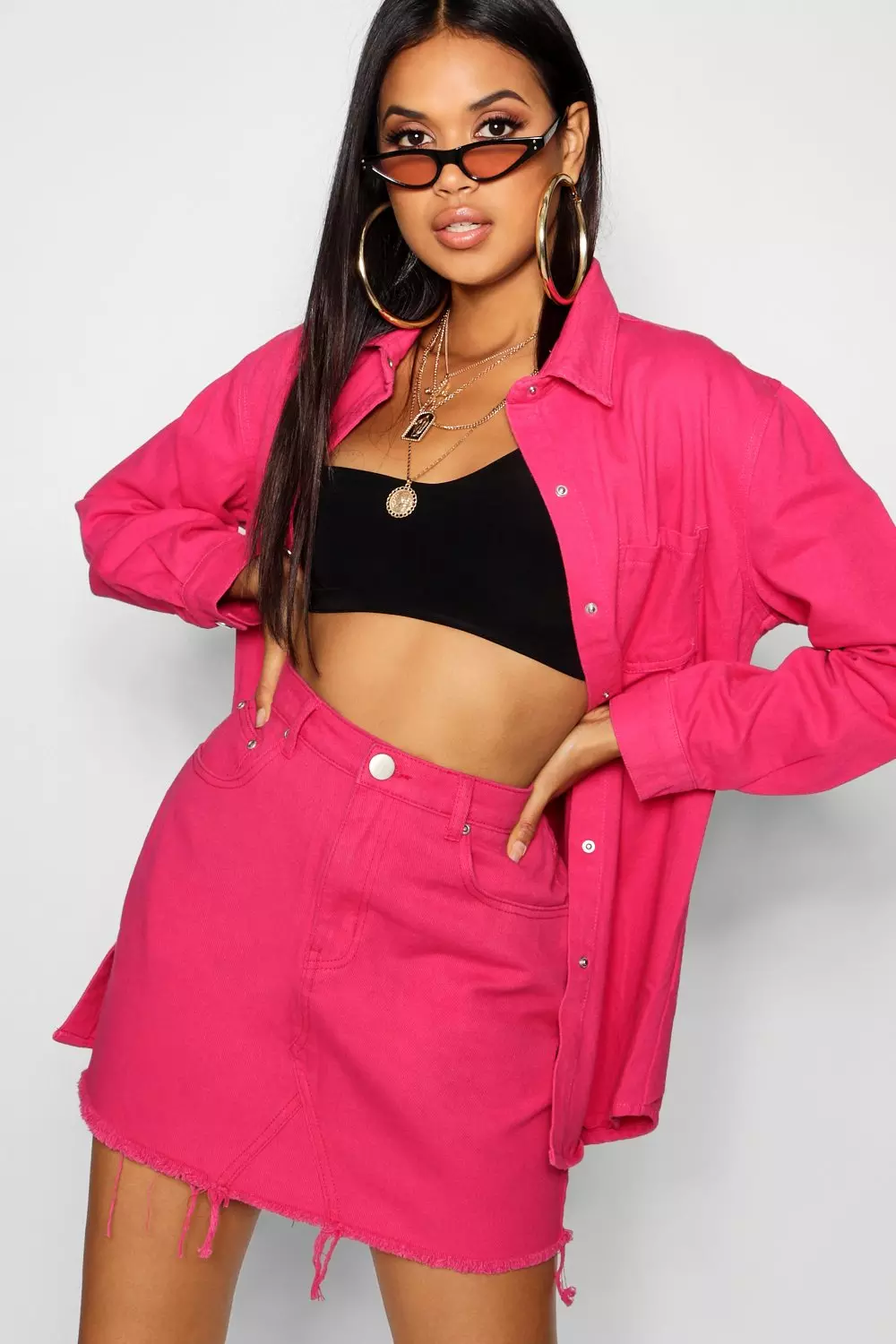 Pink denim skirt and jacket set sale